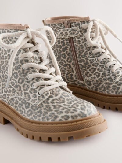 Muted Animal Printed Wide Fit (G) Warm Lined Lace-Up Ankle Boots