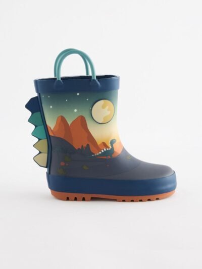 Navy Dinosaur Scene Handle Pull On Wellies