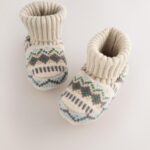 Neutral/Blue Fairisle Baby Sock Top Boot Shoes