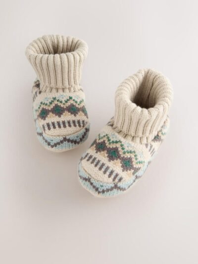 Neutral/Blue Fairisle Baby Sock Top Boot Shoes