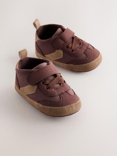 Brown Chocolate Baby Touch Fastening Elastic Lace Chevron Trainers