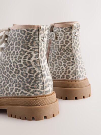 Muted Animal Printed Wide Fit (G) Warm Lined Lace-Up Ankle Boots