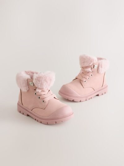 Pink Lace Up Faux Fur Lined Boots