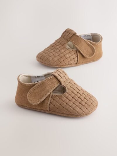 Tan Woven Suede Leather Baby T-Bar Shoes