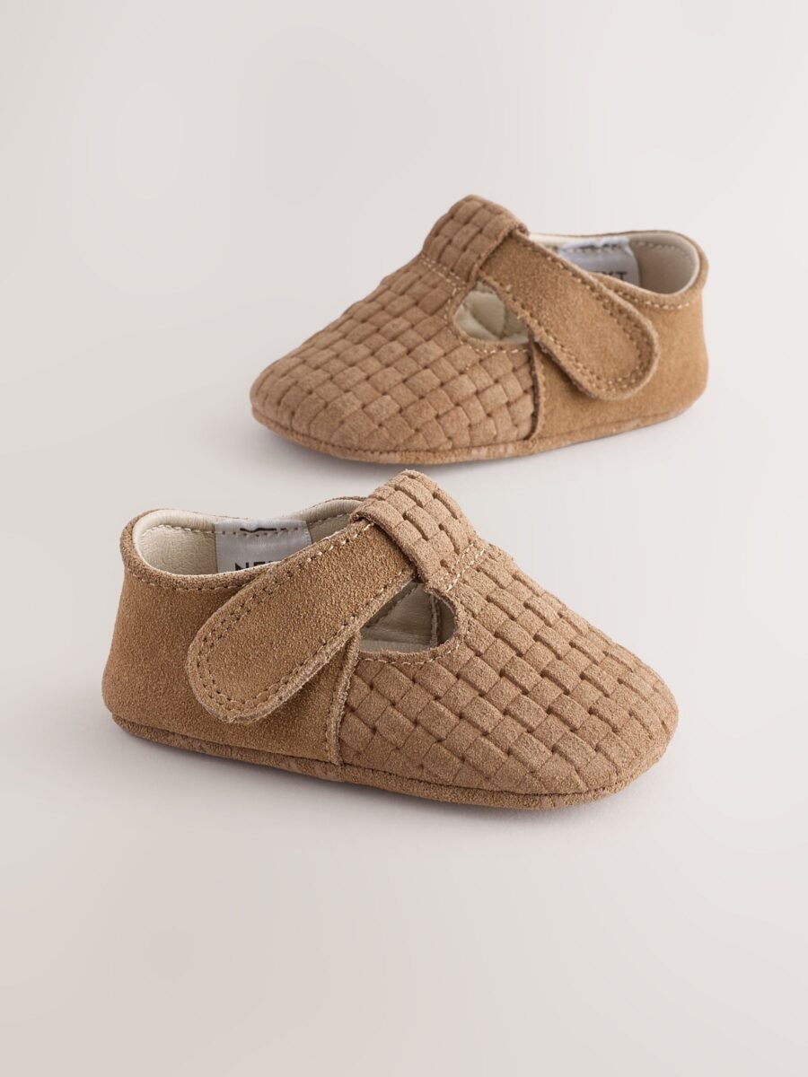 Tan Woven Suede Leather Baby T-Bar Shoes