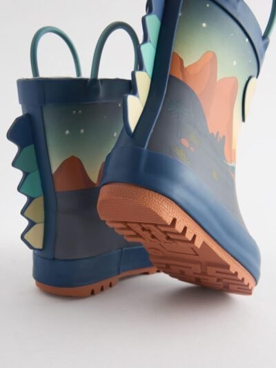 Navy Dinosaur Scene Handle Pull On Wellies