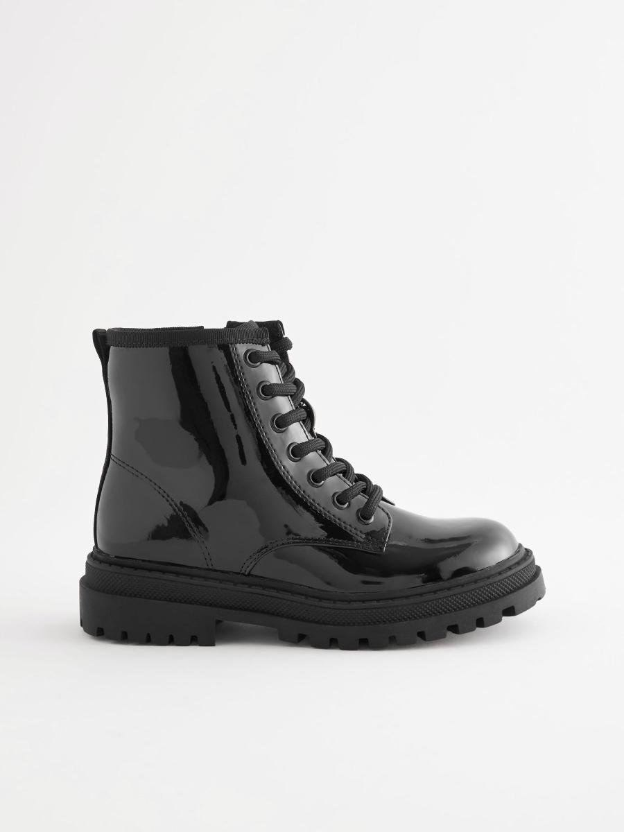 Black Patent Wide Fit (G) Warm Lined Lace-Up Ankle Boots