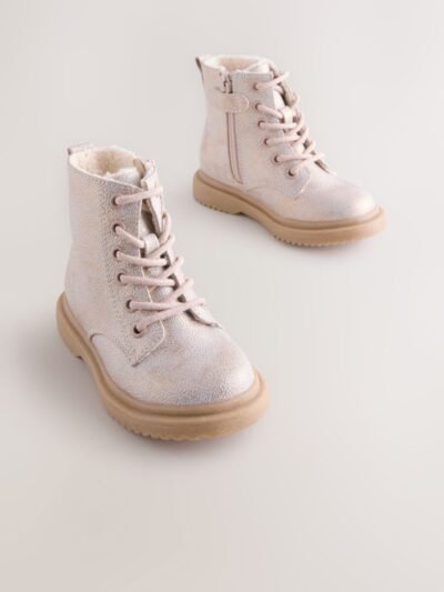 Pink Shimmer Standard Fit (F) Lace-Up Ankle Boots