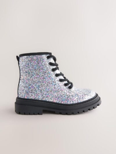 Silver Glitter Wide Fit (G) Warm Lined Lace-Up Ankle Boots