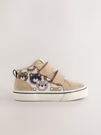 Neutral Brown Bear Print Suede Touch Fastening High Top Trainers