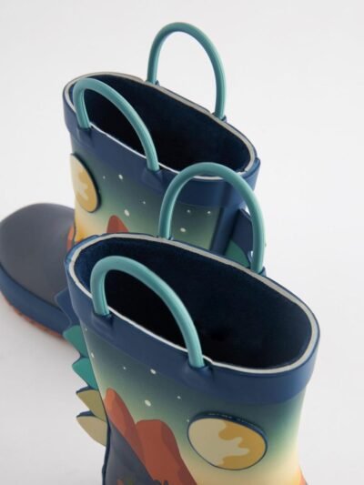 Navy Dinosaur Scene Handle Pull On Wellies