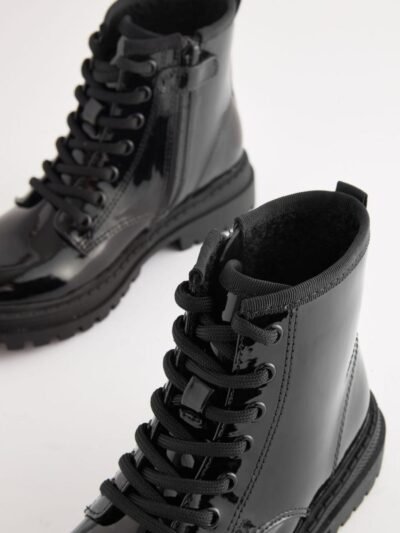 Black Patent Wide Fit (G) Warm Lined Lace-Up Ankle Boots