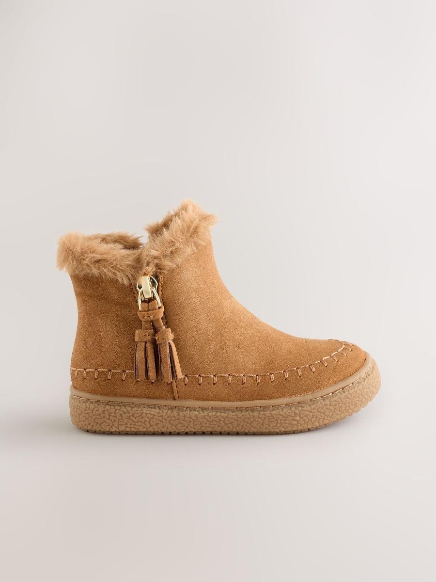 Tan Brown Faux Fur Lined Zip Ankle Boots