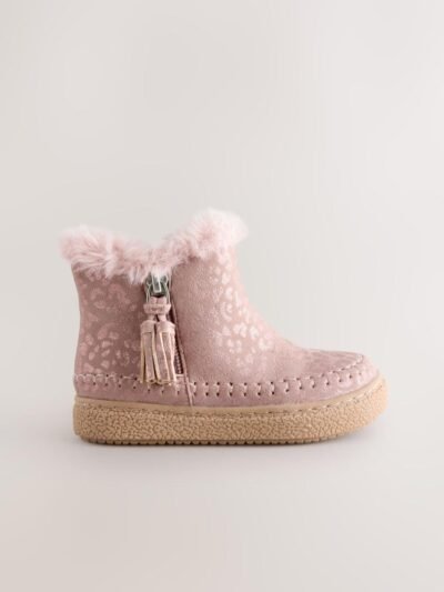 Pink Faux Fur Lined Zip Ankle Boots