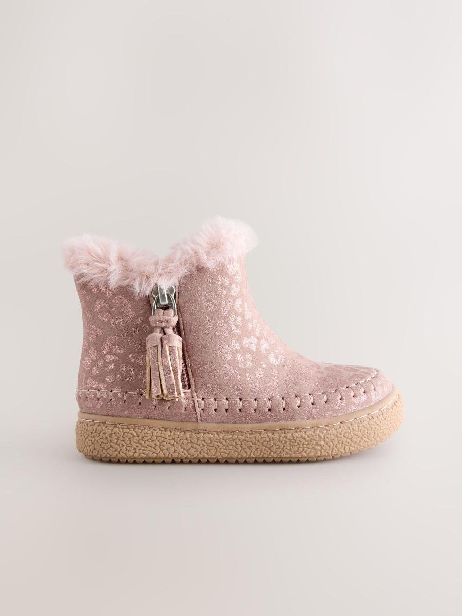 Pink Faux Fur Lined Zip Ankle Boots