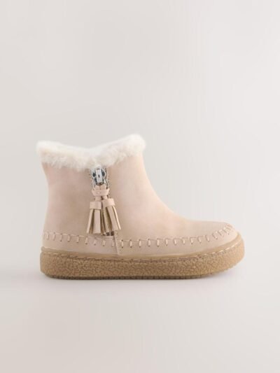 Bone Faux Fur Lined Zip Ankle Boots
