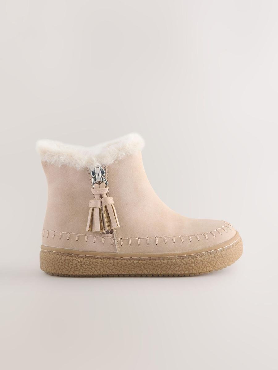 Bone Faux Fur Lined Zip Ankle Boots