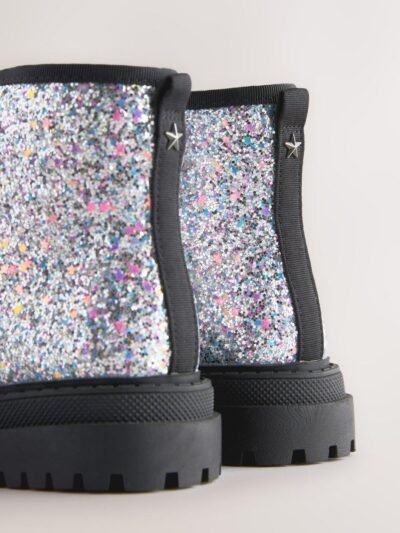 Silver Glitter Wide Fit (G) Warm Lined Lace-Up Ankle Boots