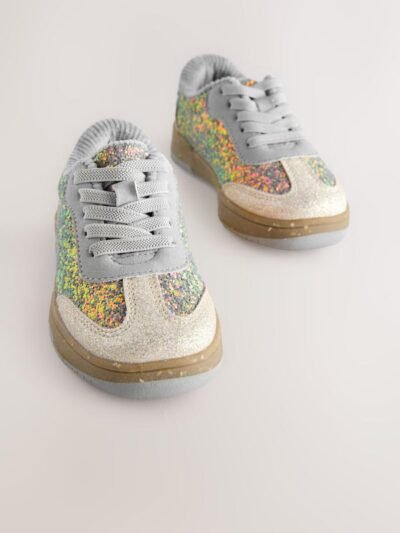 Blue Glitter Lace Up Retro Trainers