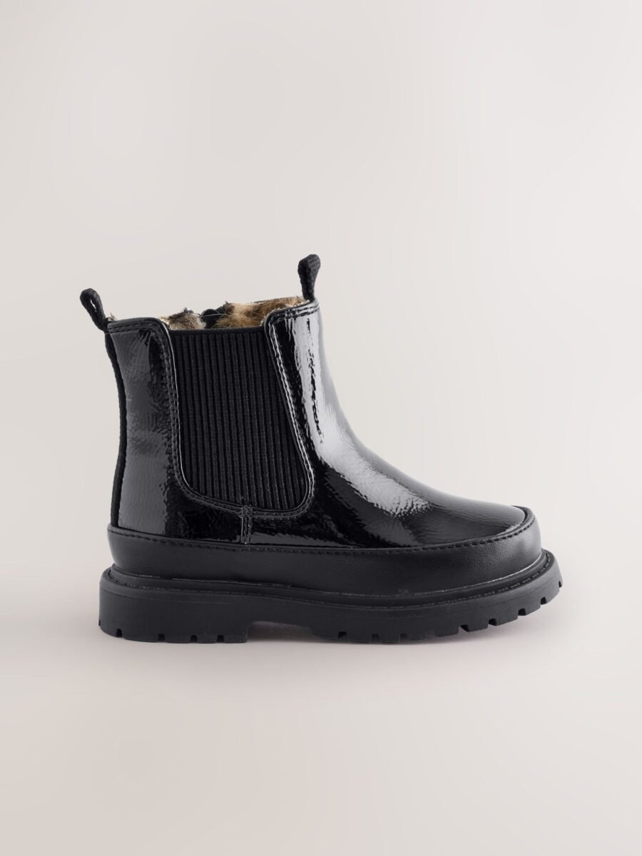 Black Patent Chunky Chelsea Ankle Boots
