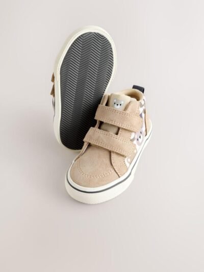 Neutral Brown Bear Print Suede Touch Fastening High Top Trainers
