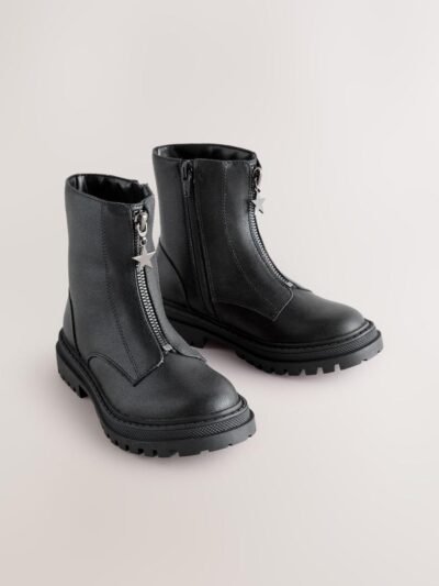 Black Standard Fit (F) Zip Front Ankle Boots