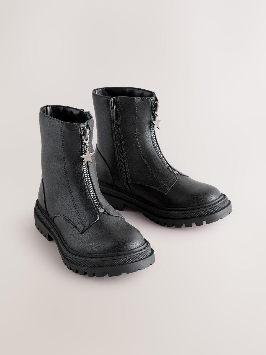 Black Standard Fit (F) Zip Front Ankle Boots