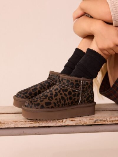 Chocolate Brown Leopard Print Standard Fit (F) Flatform Mini Warm Lined Water Repellent Suede Pull-On Boots