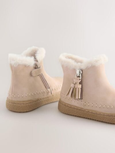 Bone Faux Fur Lined Zip Ankle Boots