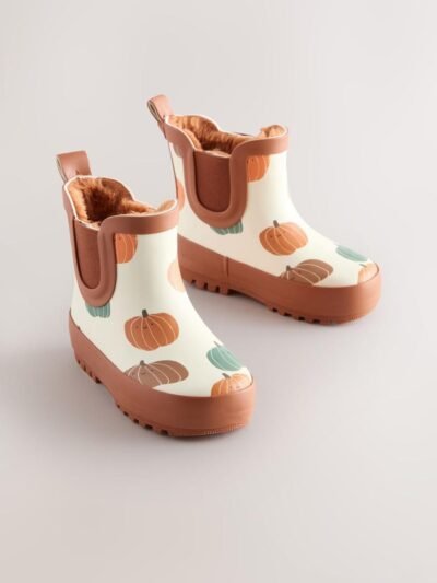 Neutral Pumpkin Halloween Warm Lined Ankle Wellies
