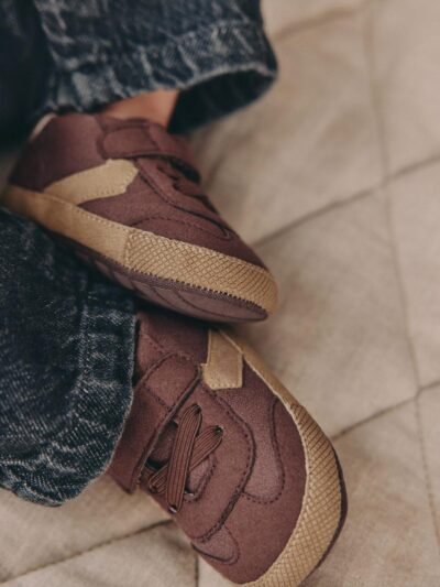 Brown Chocolate Baby Touch Fastening Elastic Lace Chevron Trainers