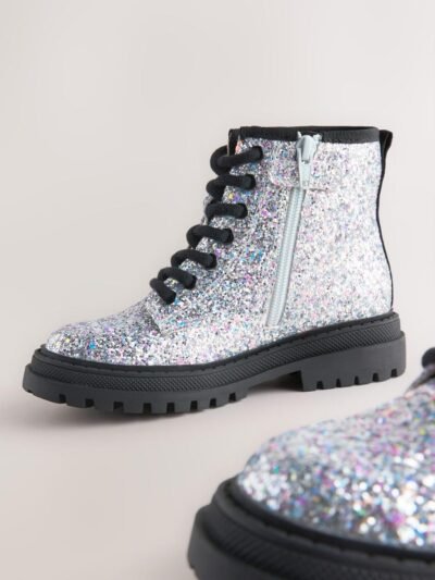 Silver Glitter Wide Fit (G) Warm Lined Lace-Up Ankle Boots