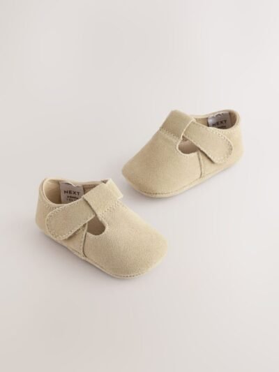 Stone Suede Leather Baby T-Bar Shoes
