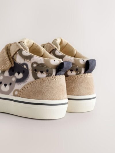 Neutral Brown Bear Print Suede Touch Fastening High Top Trainers