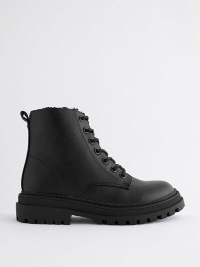 Matt Black Wide Fit (G) Warm Lined Lace-Up Ankle Boots