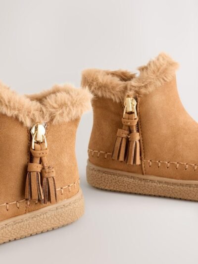 Tan Brown Faux Fur Lined Zip Ankle Boots