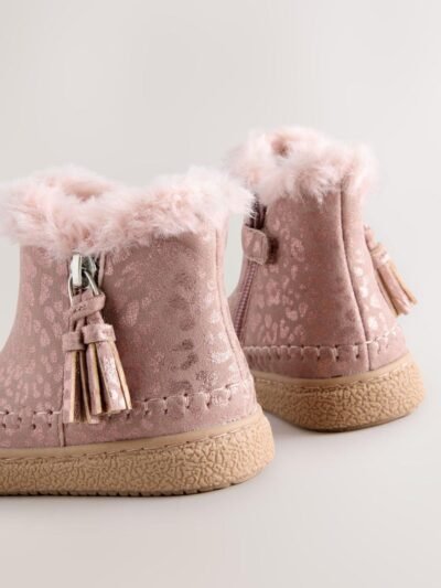 Pink Faux Fur Lined Zip Ankle Boots