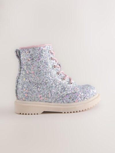 Silver Glitter Standard Fit (F) Lace-Up Ankle Boots
