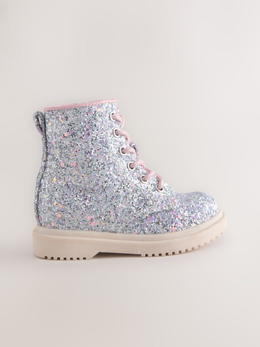 Silver Glitter Standard Fit (F) Lace-Up Ankle Boots