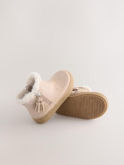 Bone Faux Fur Lined Zip Ankle Boots