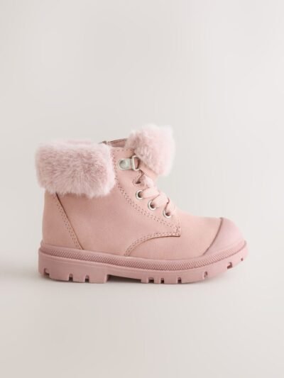 Pink Lace Up Faux Fur Lined Boots