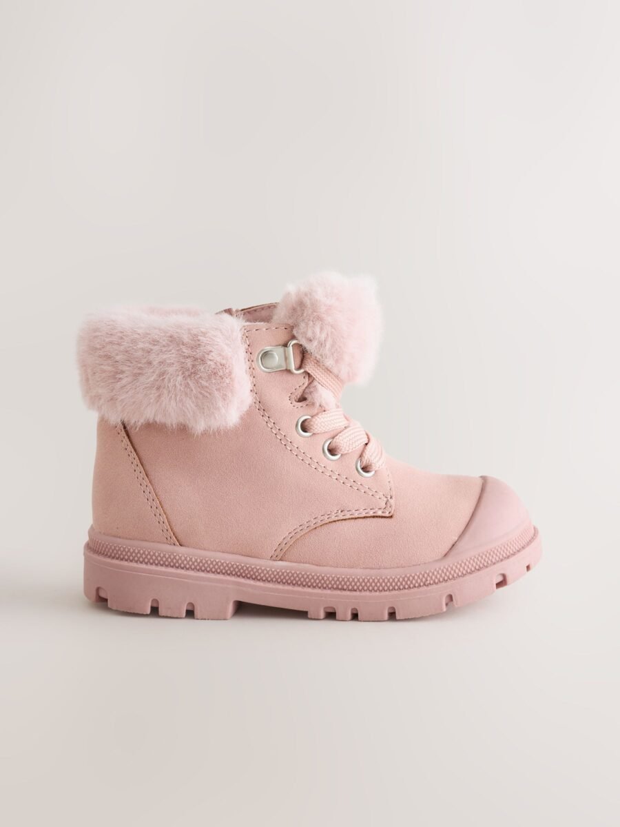Pink Lace Up Faux Fur Lined Boots