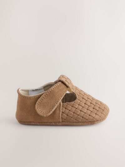 Tan Woven Suede Leather Baby T-Bar Shoes