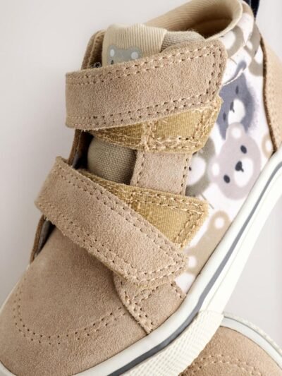 Neutral Brown Bear Print Suede Touch Fastening High Top Trainers