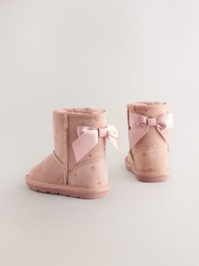 Pink Bow Water Repellent Tall Suede Pull On Boots