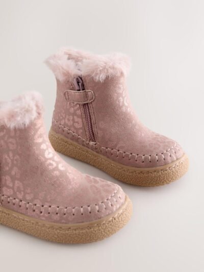 Pink Faux Fur Lined Zip Ankle Boots
