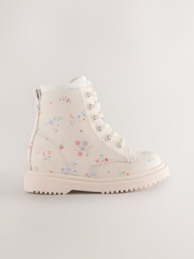 Cream Floral Standard Fit (F) Lace-Up Ankle Boots