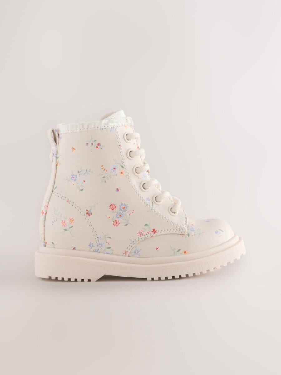 Cream Floral Standard Fit (F) Lace-Up Ankle Boots