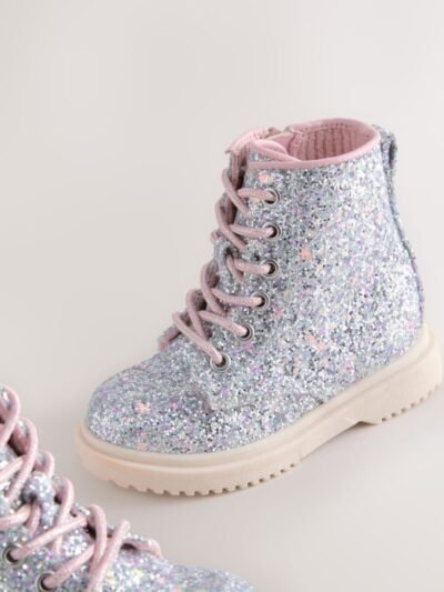 Silver Glitter Standard Fit (F) Lace-Up Ankle Boots