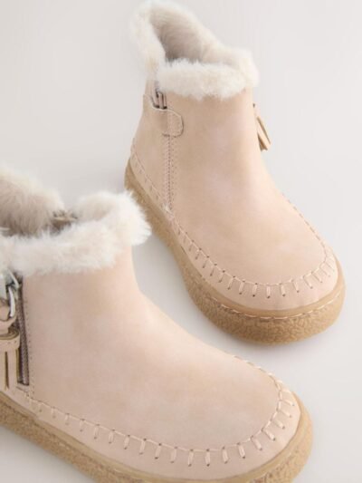 Bone Faux Fur Lined Zip Ankle Boots